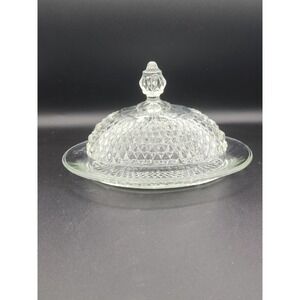 Vintage Indiana Glass Diamond Point Oval Covered Butter Dish Clear Domed Lid